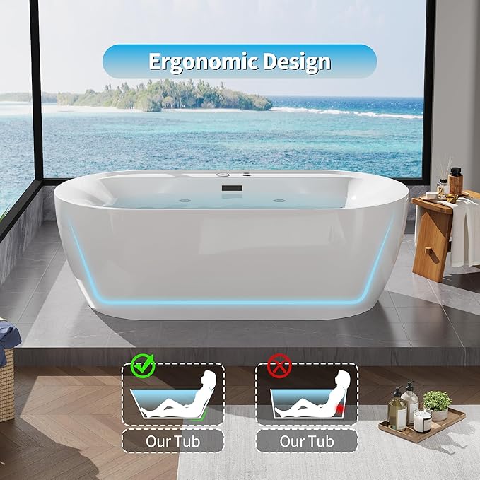 71" Freestanding Whirlpool Tub - Air Bubble & Hydro Jet,Multi-Color LED Mood Lighting & Massage Jets - White Acrylic Soaking Bathtub for Home Spa