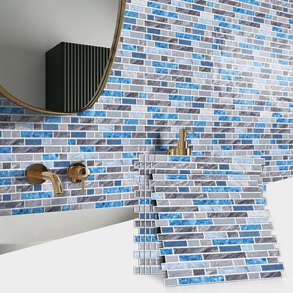 Alwayspon 10 Sheets 12" x12inch Grey and Blue Marble Effect Vinyl Tiles, Backsplash, Self-Adhesive Peel and Stick Wall Tile Stickers, Stick on Subway Tiles for Kitchen Bathroom Wall Decor