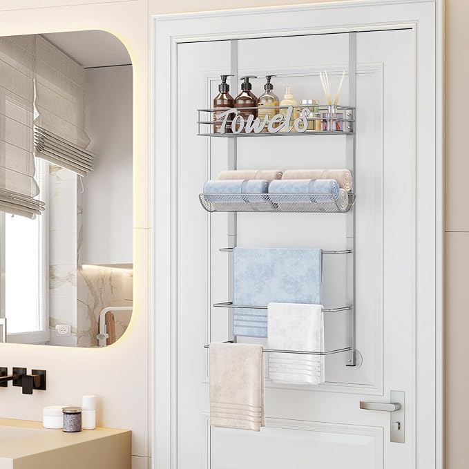 SWTYMIKI Over the Door Towel Racks for Bathroom - 5-Tier Wall Mounted Bathroom Towel Storage Organizer Holder with Metal Shelf, Sliver
