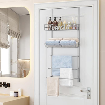 SWTYMIKI Over the Door Towel Racks for Bathroom - 5-Tier Wall Mounted Bathroom Towel Storage Organizer Holder with Metal Shelf, Sliver