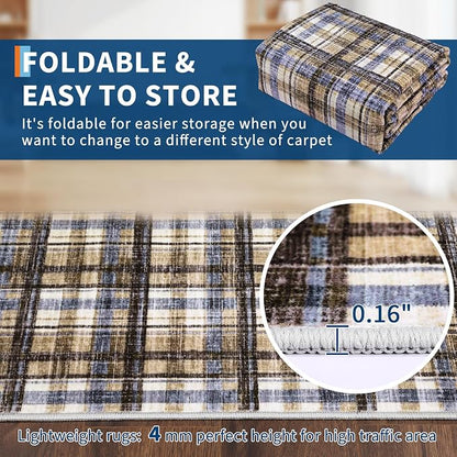 Washable Rugs 2x6 Runner Rug Modern Bordered Bathroom Rugs Non Slip Kitchen Runner Low Pile Entryway Rug Soft Runners Stain Resistant Carpet for Laundry Hallway Bedside 2'x6' Blue&Camel