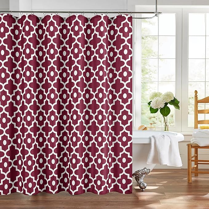 Fabric Modern Moroccan Shower Curtains for Bathroom-Burgundy & White | 72"W x 72"L Textured Faux Linen Elegant Classic Bath Decor-Hotel Quality Transitional Geometric Washable & Breathable Cloth