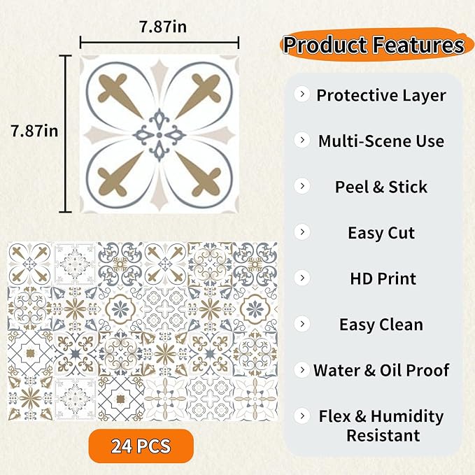 24 PCS Bohemian Floral PVC Peel and Stick Tile Stickers | for Kitchen Bathroom RV, Waterproof Self-Adhesive Removable Backsplash Decals, Easy DIY Upgrade, Smooth Surfaces, 7.87x7.87in