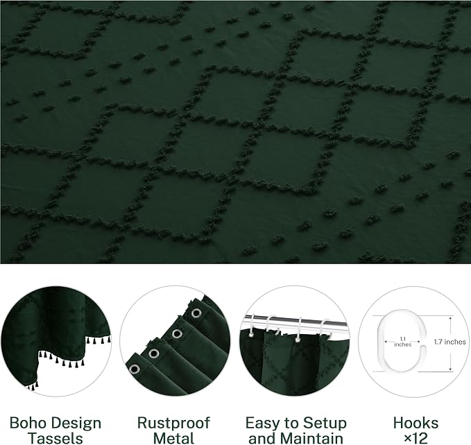 Siiluminisoy Extra Long Dark Green Boho Woven Fabric Cute 96 Inch Shower Curtain, 72 x 96 Tufted Chevron Textured Striped Modern Farmhouse Minimalist Cloth Shower Curtain for Bathroom