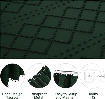 Siiluminisoy Extra Long Dark Green Boho Woven Fabric Cute Shower Curtain, 72 x 78 Tufted Chevron Textured Striped Modern Farmhouse Minimalist Cloth Shower Curtain for Bathroom