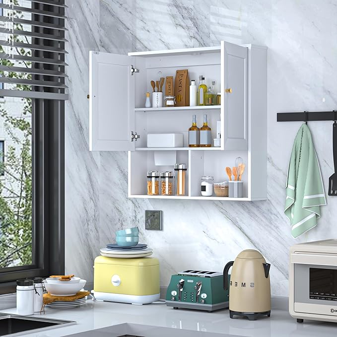 Bathroom Wall Cabinet, Medicine Cabinet with 2 Door and Adjustable Shelves,3-Tier Wood Hanging Storage Over The Toilet,White Wall Mounted Cabinet for Bathroom, Kitchen,Laundry Room