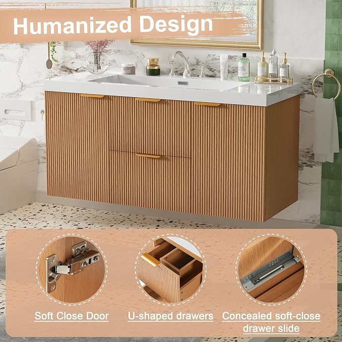 48'' Floating Bathroom Vanity with Sink, Wall-Mounted Cabinet | Painted Surface Wall Mounted Bathroom Vanity Cabinet, Soft Closing System, SMC Vanity Top for Hotels, Office Buildings