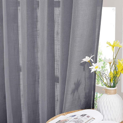 NICETOWN Sheer Curtains 84 inches Long Linen Look for Farmhouse, Rustic Rod Pocket & Back Tab Semi Sheer Window Treatments Balance Light & Privacy for Living Room, 52" Wide, Grey, 2 Panels