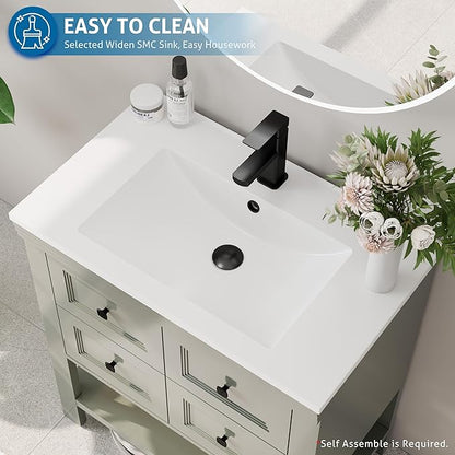 eclife 30" Bathroom Vanity with Sink Combo, Modern Painted Vanities Cabinet with Big Drawers, Opening Bottom Shelf, Raised Foot Pads, Include Undermount White Sink, Faucet & Drain, Green