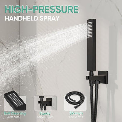 Black Shower System with Tub Spout, All Metal Tub Shower Faucet Set with 10" Rain Shower Head and Handheld Spray combo, Wall Mounted Tub Shower Systems with Valve and Trim Kit, Matte Black