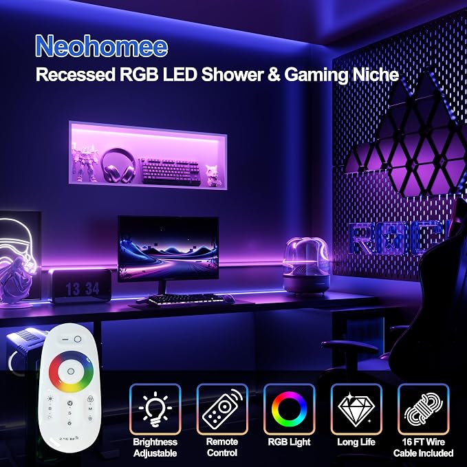 RGB LED Light Shower Niche, White 36X12 in Stainless Steel Built-in Storage with Remote Control, Waterproof No Tile Needed Wall Niche for Bathroom Storage Built-in Installation