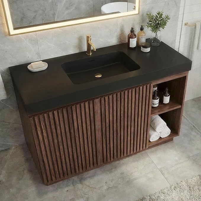 48" Bathroom Vanity with Sink Combo, Mid Century Modern Bathroom Cabinet with Doors & Open Shelf, Matte Black Integrated Sink with Overflow, Brown Walnut
