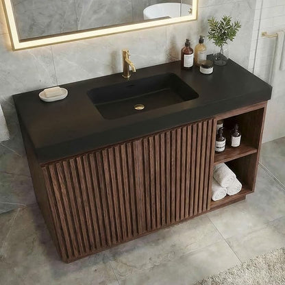 48" Bathroom Vanity with Sink Combo, Mid Century Modern Bathroom Cabinet with Doors & Open Shelf, Matte Black Integrated Sink with Overflow, Brown Walnut