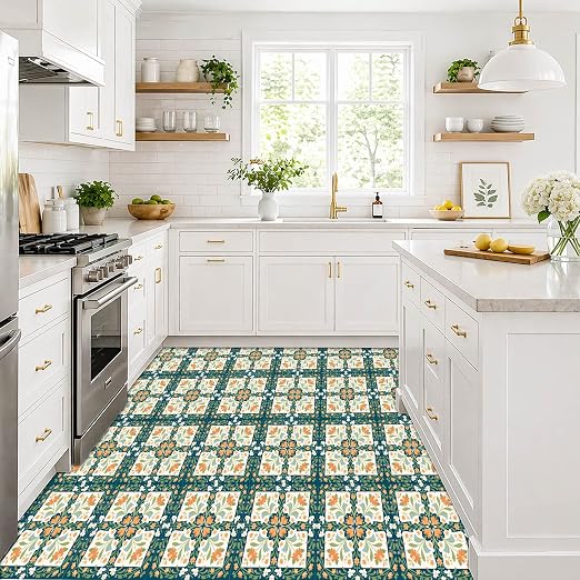 Teal Orange Floral Peel and Stick Floor Tiles 12x12 Inch 10PCS | Teal orange cream floral geometric pattern vinyl floor stickers for kitchen bathroom entryway and indoor home decor