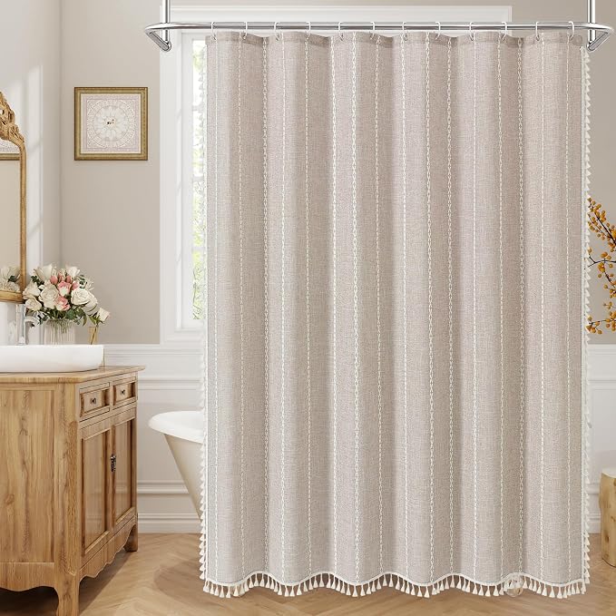 Boho Farmhouse Tassel Linen Shower Curtain,3D Embroidery Stripe Taupe,72x78 | Long Tall,310GSM Striped Texture Heavy Duty Cloth,Water Repellent,Wrinkle Resistant,Vintage Rustic Country design