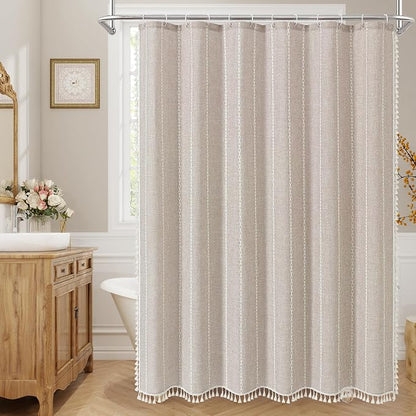 Boho Farmhouse Tassel Linen Shower Curtain,3D Embroidery Stripe Taupe,72x78 | Long Tall,310GSM Striped Texture Heavy Duty Cloth,Water Repellent,Wrinkle Resistant,Vintage Rustic Country design
