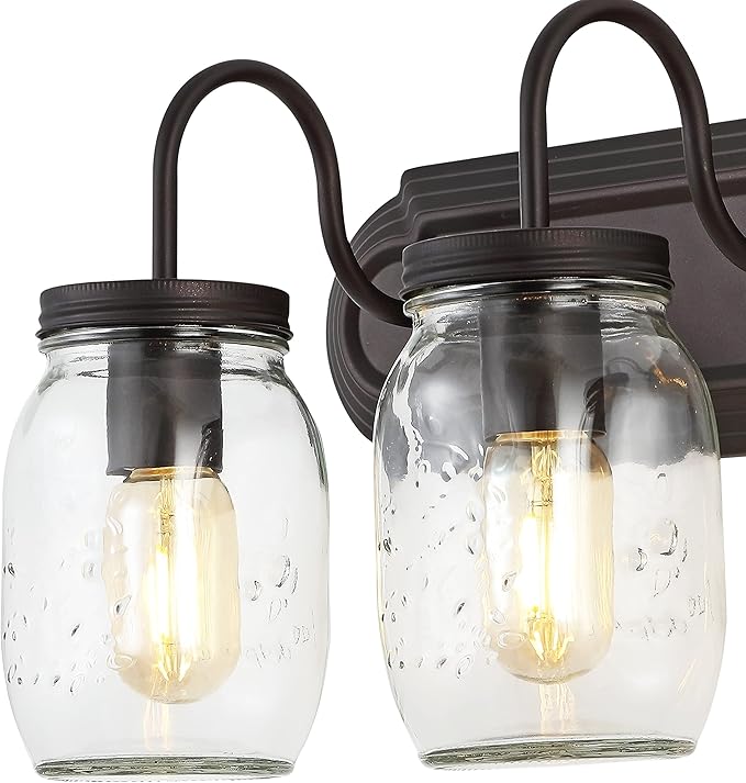 JONATHAN Y 19.3" Oil Rubbed Bronze 3-Light Iron and Glass Mason Jar Vanity Light, Farmhouse Industrial Rustic Wall Sconce for Bathroom, UL Listed, LED Bulbs Included JYL7801A