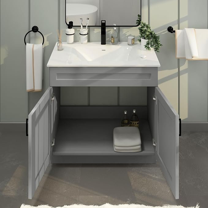 36" Light Grey Shaker Bathroom Vanity Base – Ready-to-Assemble Sink Cabinet, Freestanding Bathroom Vanity Base Only, No Top or Sink