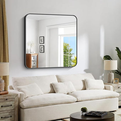Bathroom Mirror, 39x39 inch Black Square Wall Mirror, Metal Frame Rounded Corner Vanity Mirror, Large Wall Mounted Mirror for Modern Bedroom Living Room Horizontal Or Vertical Mounting