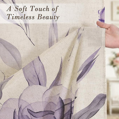 Purple Floral Linen Shower Curtain, Watercolor Botanical Design, 72 x 72 | Boho Floral Design, Watercolor Botanical Style, Ink Painting Flowers & Leaves, Linen Blend Fabric Curtain
