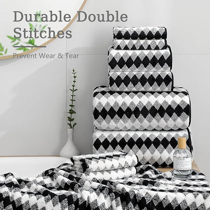 8 Piece Bathroom Towel Set Black White|2 Oversized Large Bath Towels Sheet,2 Hand Towels,4 Washcloths| 600GSM Soft Towel Set for Bathroom Hotel,Highly Absorbent Quick Dry Bath Towel Collections