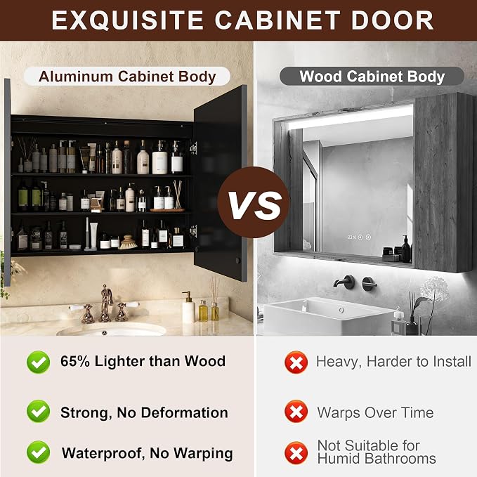 36 x 30 Inch LED Medicine Cabinet with Mirror, Recessed or Surface Mount, Soft Close Hinges, Adjustable Shelves, Black