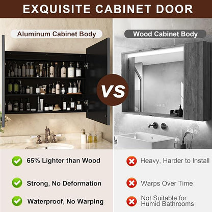 36 x 30 Inch LED Medicine Cabinet with Mirror, Recessed or Surface Mount, Soft Close Hinges, Adjustable Shelves, Black