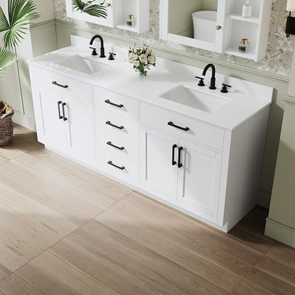 80-Inch Bathroom Vanity with Double Sinks W/ 4 Doors & 4 Drawers & 2 Flip Drawers, White Vanity W/Matte Black Handles