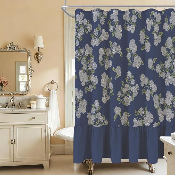 ORTIGIA Linen Textured Ruffle Shower Curtain with Metal Hooks, Vintage Navy Blue Hydrangea Floral Boho Waterproof Bath Curtain for Rustic Farmhouse Bathroom Decor 72x72 Inch