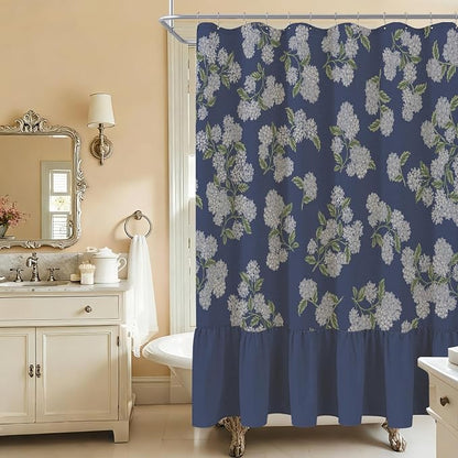 ORTIGIA Linen Textured Ruffle Shower Curtain with Metal Hooks, Vintage Navy Blue Hydrangea Floral Boho Waterproof Bath Curtain for Rustic Farmhouse Bathroom Decor 72x72 Inch