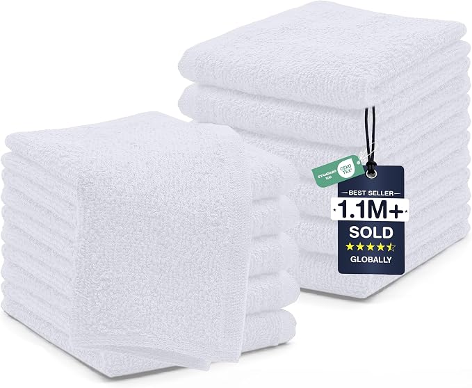 DAN RIVER 12 Pack Cotton Wash Cloths Set for Showering [12x12] White | Lighter Weight, Quick to Dry, Super Soft & Absorbent Face Towels, Hotel Quality, Perfect for Bathroom, Gym, Spa