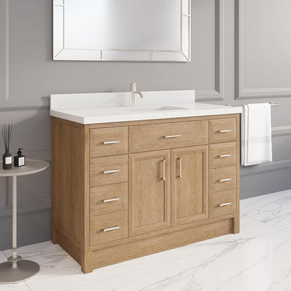 Capri III 48" Single Sink Bathroom Vanity With Stealth Organizer, Solid Wood Bathroom Cabinet with Engineered Stone Countertop & Backspalsh, Soft Closing Door & Drawer, Pre-Assembled, Weathered Oak