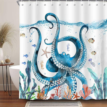 Nautical Octopus Shower Curtain Funny Ocean Beach Sea Monster Animal Waterproof Fabric Bath Curtain Decor Unique Novelty Bathroom Accessories with Hooks Set 72X72 Inch