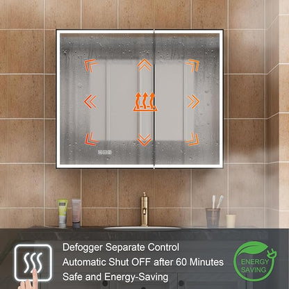 36" X 30" LED Mirrored Medicine Cabinet, Bathroom Medicine Cabinets with Lights for Bathroom, Defogging Function Mirror Cabinet, Medicine Cabinet with USB Port & Outlet, Double Doors