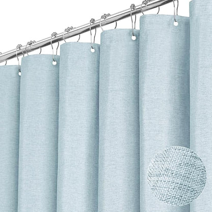 BTTN Stall Fabric Shower Curtain, 60 Inch Linen Textured Heavy Duty Small Cloth Shower Curtain Set with 10 Plastic Hooks, Narrow Simple Modern Weighted Shower Curtains for Bathroom - 60 x 72, Fog Blue