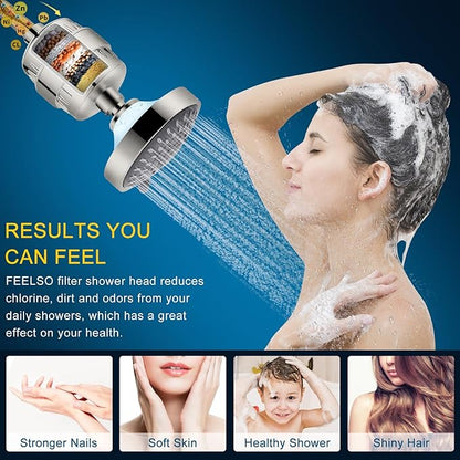 FEELSO Shower Head with Shower Filter, Filtered Shower Head for Hard Water | High Pressure, Anti-clog Nozzles, 5 Spray Showerhead, 15 Stage Water Softener Filters, Remove Chlorine and Harmful Substances