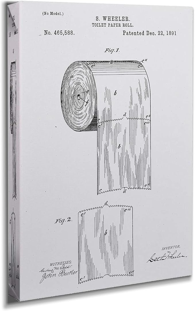 Renditions Gallery Toilet Paper Patent Drawing Gallery Wrapped Canvas Wall Art, 24x36, White