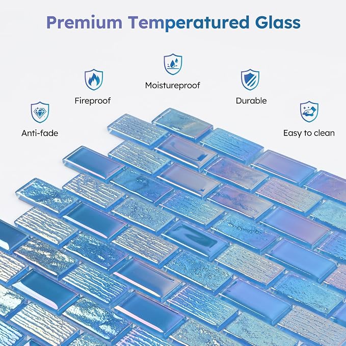 Pool Glass Mosaic Tiles, Iridescent Blue, 1x2 Inch Brick, 5 Sheets | Glass Linear Tile for Swimming Pool, Kitchen Backsplash, Shower, Bathroom Wall, Waterline, Fountain
