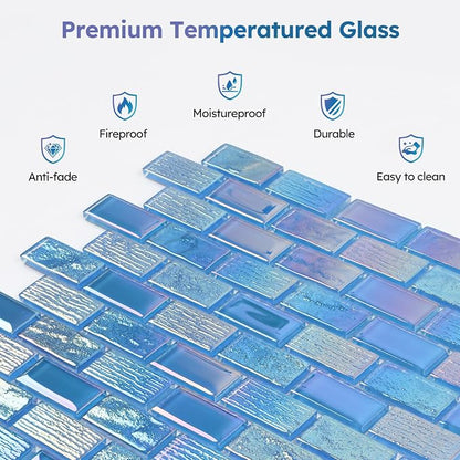 Pool Glass Mosaic Tiles, Iridescent Blue, 1x2 Inch Brick, 5 Sheets | Glass Linear Tile for Swimming Pool, Kitchen Backsplash, Shower, Bathroom Wall, Waterline, Fountain