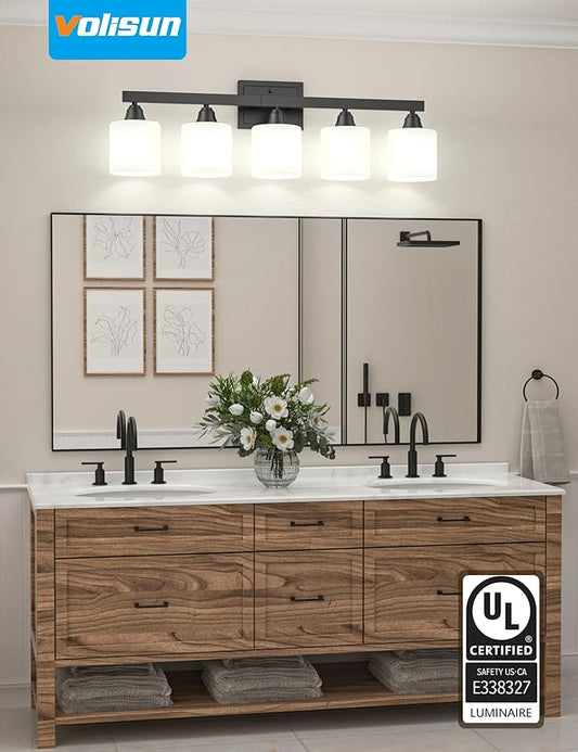VOLISUN Matte Black Bathroom Light Fixtures, 5-Light Bathroom Vanity Lights Over Mirror, Modern Vanity Light for Bathrooms, Bathrooms Lights Fixtures Over Mirror with Milky White Frosted Glass Shades