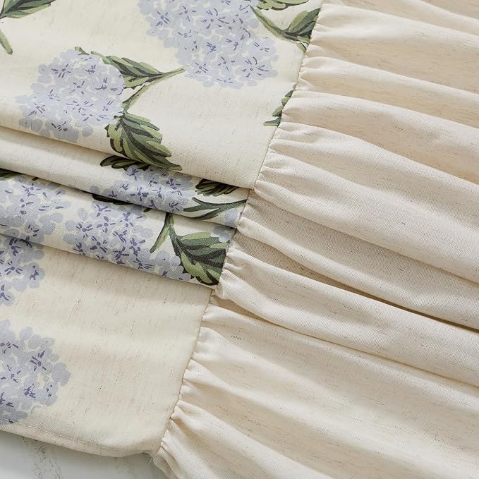 ORTIGIA Linen Textured Ruffle Shower Curtain with Metal Hooks, Vintage Blue Floral Hydrangea Boho Waterproof Bath Curtain for Rustic Farmhouse Bathroom Decor 72x72 Inch