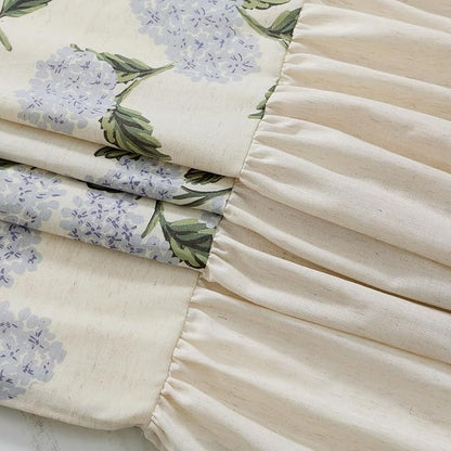 ORTIGIA Linen Textured Ruffle Shower Curtain with Metal Hooks, Vintage Blue Floral Hydrangea Boho Waterproof Bath Curtain for Rustic Farmhouse Bathroom Decor 72x72 Inch