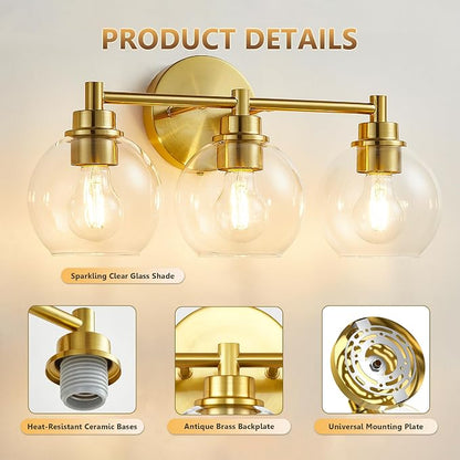 Bathroom Light Fixtures, Vanity Lights for Bathroom 3-Light Gold, Bathroom Lighting Fixtures Over Mirror with Clear Glass Globe Shade, Bathroom Vanity Light for Living Room Kitchen Bedroom Hallway
