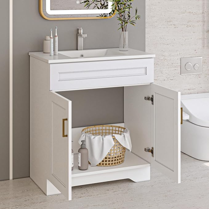 30 Inch Bathroom Vanity, Wooden Double Door Bathroom Storage Cabinet, Freestanding Cabinet Vanity Without Sink (White Without Sink, 30")