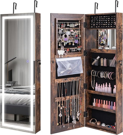 GOFLAME LED Mirror Jewelry Cabinet 47”, Wall/Door Mounted Full Length Mirror with Storage, 3-Color Lights, Interior Makeup Mirror, Jewelry Storage Organizer, Lockable Jewelry Armoire, Rustic Brown
