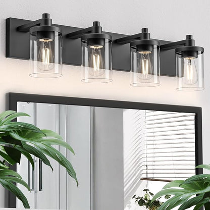 Bathroom Vanity Light, 4 Light Matte Black Light Fixture with Clear Glass Shade, 29 in Modern＆Farmhous Vanity Lights, Bathroom Light Fixtures Over Mirror for Bathrooms, Livingroom
