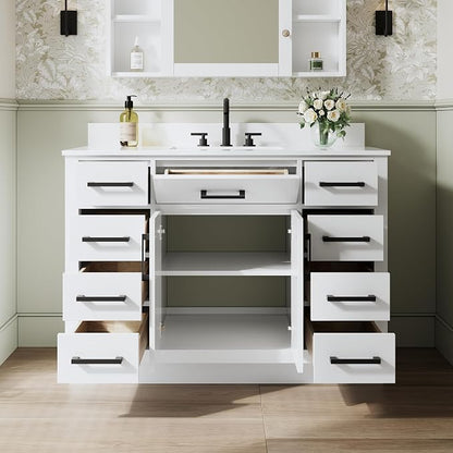 48-Inch Bathroom Vanity with Sink W/ 2 Doors & 8 Drawers & 1 Flip Drawer, White Vanity W/Matte Black Handles