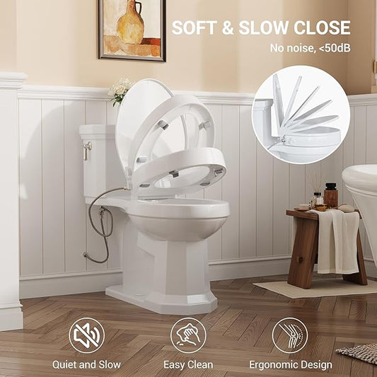 Bidet Toilet Seat Non Electric, Elongated Raised Toilet Bidet Seat with Dual Nozzles, Self Cleaning, Soft Close Lid, Rear and Feminine Washing for Seniors Adults