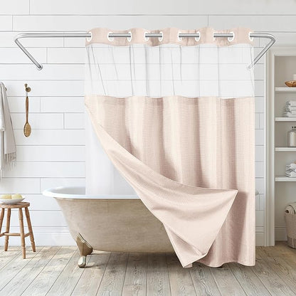 Americanflat 72x75 Hookless Waffle Pattern Shower Curtain - Water-Resistant Long Shower Curtain with Sheer Panel, Snap-in Liner, and Durable Grommets - 100% Polyester - Pink