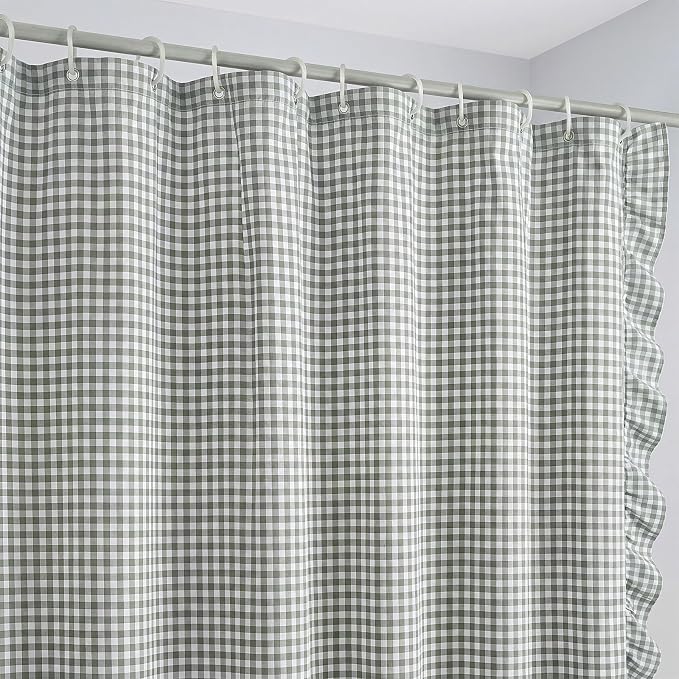 HunnmingRe Ruffled Gingham Shower Curtain Sage Green | 72'' x 72'' Vintage Farmhouse Curtain, Cotton Cottage Core Rural Checkered Plaid Decor, Fall Shower Curtain for Bathroom